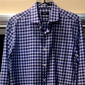 Mens Hugo Boss Slim Fit Gingham Shirt Size XL 17/43 Striped Blue​​​​​​​​​